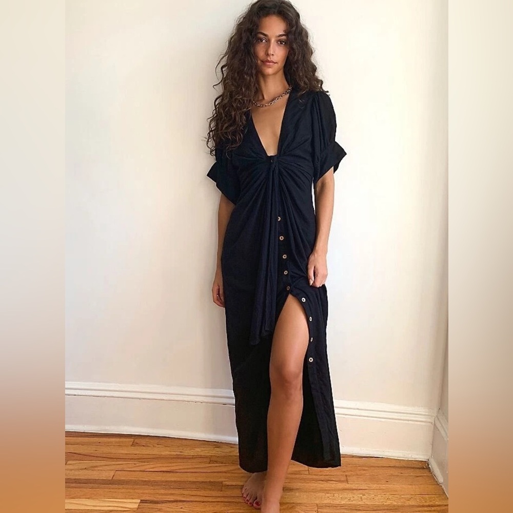 Black Button-Down Top with Puff Sleeves